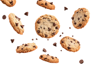 Falling chocolate chip cookies isolated on transparent or white background