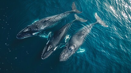 Fototapeta premium Three humpback whales swimming on ocean surface