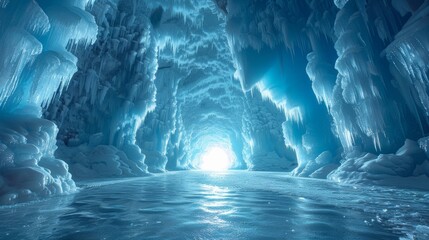 Light shining at the end of frozen ice cave tunnel