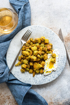 Fried bamia with sour cream sauce, Mediterranean cuisine