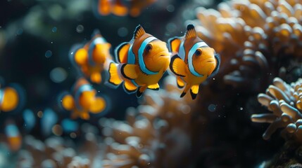 Two clownfish swimming near colorful anemone in aquarium