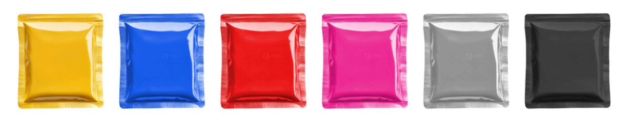 Set of blank plastic foil pouches isolated on transparent or white background