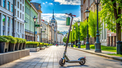 Moscow, Russia-May 16, 2022: The electric scooter is on the street in the city. Vertical snapshot
