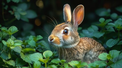 Fototapeta premium Curious wild rabbit hiding and peeking in green bushes