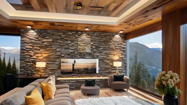 Wooden house with chalet interior design of modern living room. mountains, cozy, tranquility, comfortable, couch, elegance, rustic, broad, village, horizontal, indoor, 4k, video, backgrounds, luxury