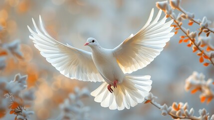 White dove flying with outstretched wings symbolizing peace and hope