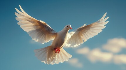 White dove flying in blue sky spreading its wings symbolizing peace and hope