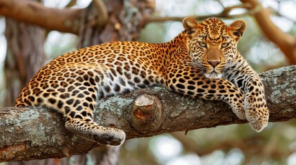 Obraz premium Leopard Resting on Tree Branch in Forest.