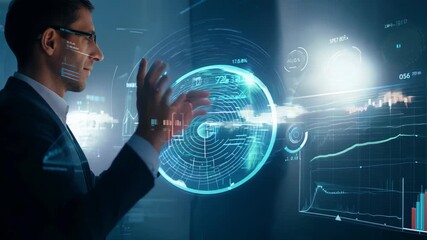 Hand interacting with holographic interface on laptop background surrounded by digital technology and network connection icons - Powered by Adobe