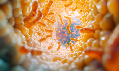Close-up of the gut microbiome, structure of intestinal villi, flora on the large intestines surface.
