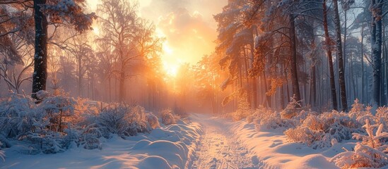 Naklejka premium Sunrise in the snowy forest