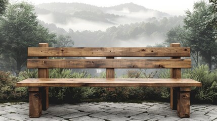 Fototapeta premium Empty wooden bench overlooking a misty forest valley