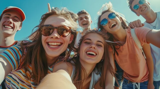 Big group of friends taking selfie picture smiling at camera - Laughing young people celebrating standing outside and having fun - Portrait photography of teens guys and girls enjoying vacation
