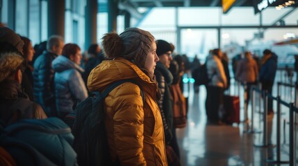 A long line of passengers waits at an airport gate, likely for a delayed or canceled flight due to overbooking.