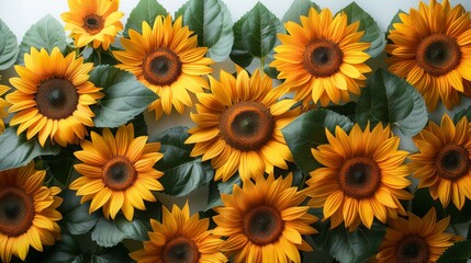 Fototapeta premium Sunflowers pattern blooming with yellow petals and green leaves