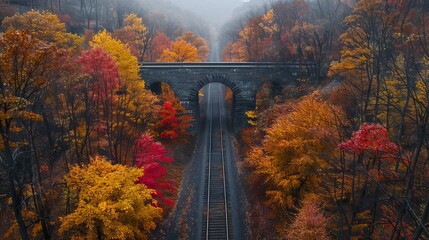 Railroad tracks disappearing into foggy autumn forest with vibrant colors