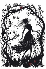 Silhouette of a Woman in a Floral Dress Surrounded by Nature and Birds