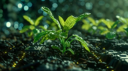 Harmony of Nature and Technology: Sustainable Seed Planting and Digital Technology Fusion in UHD Image Style in 8K created with generative AI technology