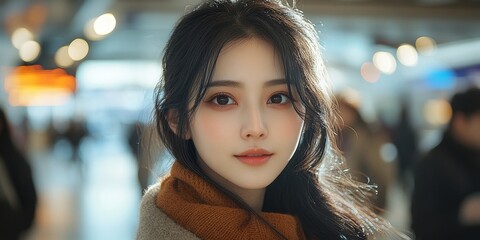 Obraz premium Confident Chinese Beauty in Wool Coat Turning at Station - Cinematic Portrait of Radiant Woman with Long Black Hair, Sunlit Face Close-up for Fashion and Urban Lifestyle Advertising, AI-Generated 4K W