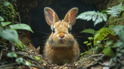 Fototapeta premium Wild rabbit emerging from its burrow in the forest