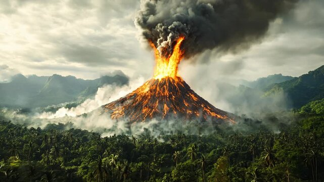 Erupting volcano in jungle. Natural disaster, cataclysm concept. Nature landscape. Design for banner, wallpaper. Flowing lava and ash clouds. Volcano eruption