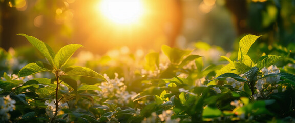 Obraz premium Flowers in the meadow. Flower meadow in the morning. Magical meadow flowers at sunrise. Selective focus. AI generated