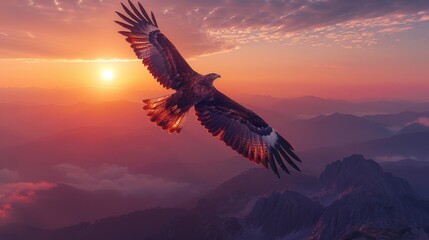 Majestic golden eagle soaring over mountain peaks at sunset
