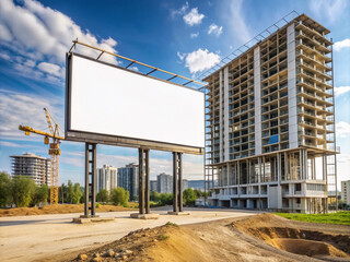 Obraz premium Empty billboard stands on a construction site adjacent to an unfinished building, providing ample copy space for text or design, surrounded by urban development.