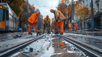 Workers carry out repair work tightening bolts on the street. Installation of railway rails for trams and reconstruction of tram tracks. Generative AI