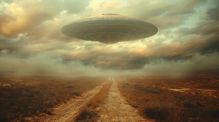 Large ufo hovering over empty desert road at sunset