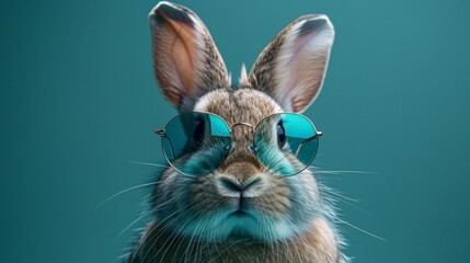 Obraz premium Portrait of a rabbit wearing sunglasses on a turquoise background