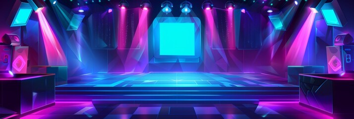 A neon colored stage with a blue screen and lights. The stage is empty and ready for a performance