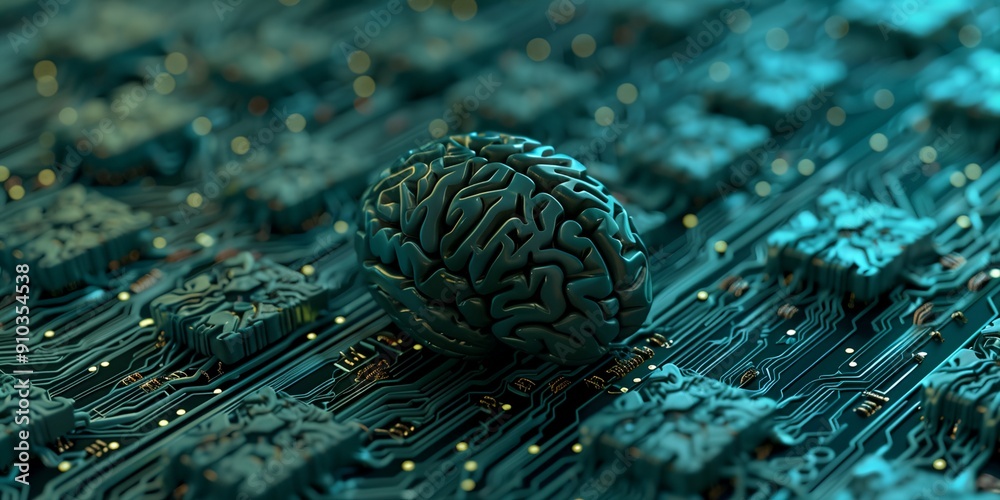 Poster a brain is placed on top of a computer chip. the brain is surrounded by a lot of computer chips, whi