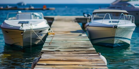 Two boats are docked at a pier. One is white and the other is blue. The water is calm and the sky is clear
