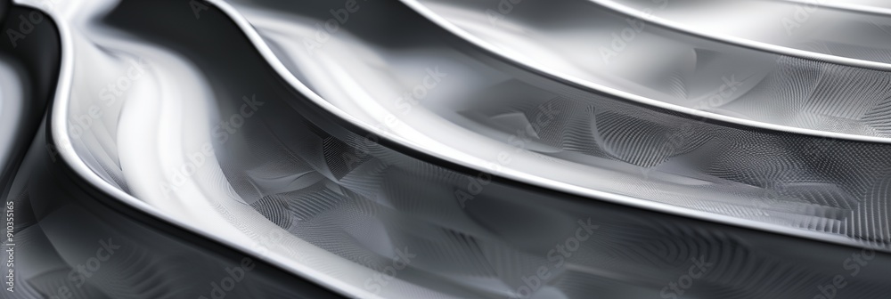 Poster a silver object with a wave pattern. the image is abstract and has a futuristic feel to it