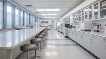 a clean laboratory space with white and grey stools3