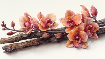 Delicate orchid flowers blooming on rustic wood branch