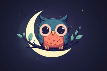 Cute Owl Perched on a Crescent Moon at Night