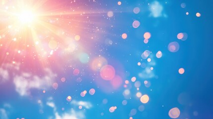 Sunlight effects with lens flare and light leaks on a bright blue sky background.