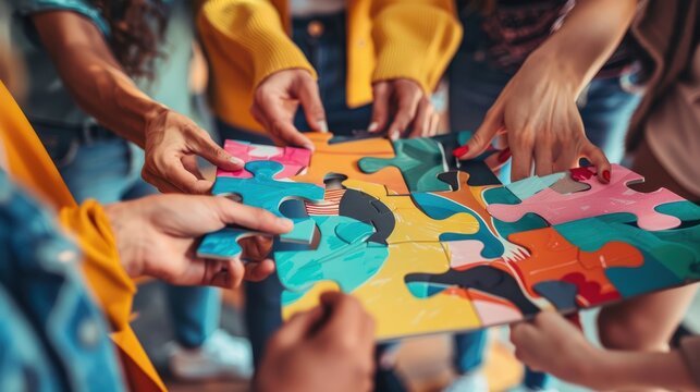 A group of people are holding a jigsaw puzzle together. The puzzle is colorful and has a unique design. The people are working together to complete the puzzle, which could symbolize teamwork
