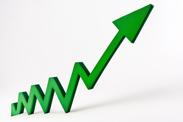 Green upward trending arrow on white blank background, copy space