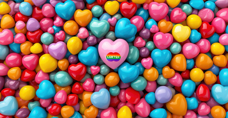 Obraz premium Colorful hearts with one pink heart displaying the LGBTQ+ rainbow flag. LGBTQ+ pride and love concept.