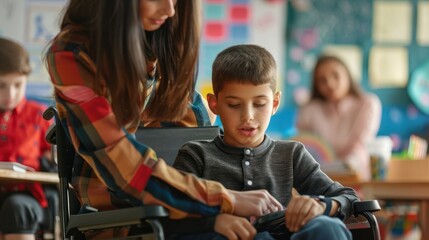 A teacher assists a student with a learning disability using an adaptive communication device in an inclusive classroom. Students of different abilities work together in a supportive and collaborative