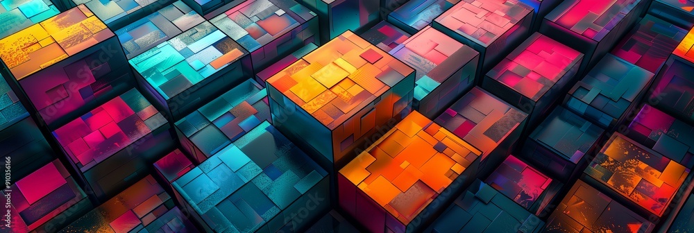 Poster A colorful image of blocks in various colors and sizes. The blocks are arranged in a way that creates a sense of depth and dimension. The image is abstract and visually striking