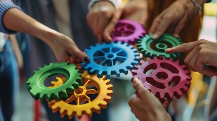 Close up of a team of business people holding colorful gears in their hands working together