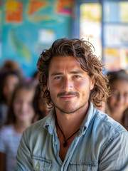 Fototapeta premium Friendly male teacher smiling in a classroom with young students.