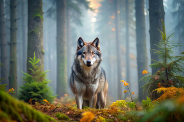 Majestic grey wolf padded through dense misty forest surrounded by towering trees, its piercing eyes scanning the underbrush for potential prey on a crisp autumn morning.