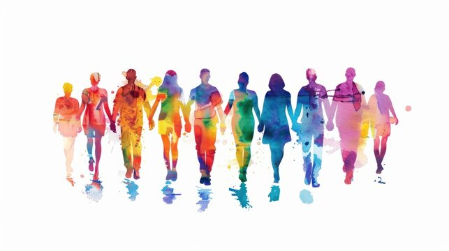 Colorful persons watercolor silhouette white background diversity inclusion concept. DEIB, Equity, Inclusion, Belonging, Peace, Team, Human, Person, Union, Group