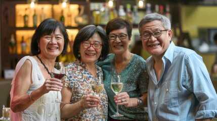 Obraz premium Four friends raise their glasses in a cheerful toast, enjoying drinks in a vibrant restaurant ambiance