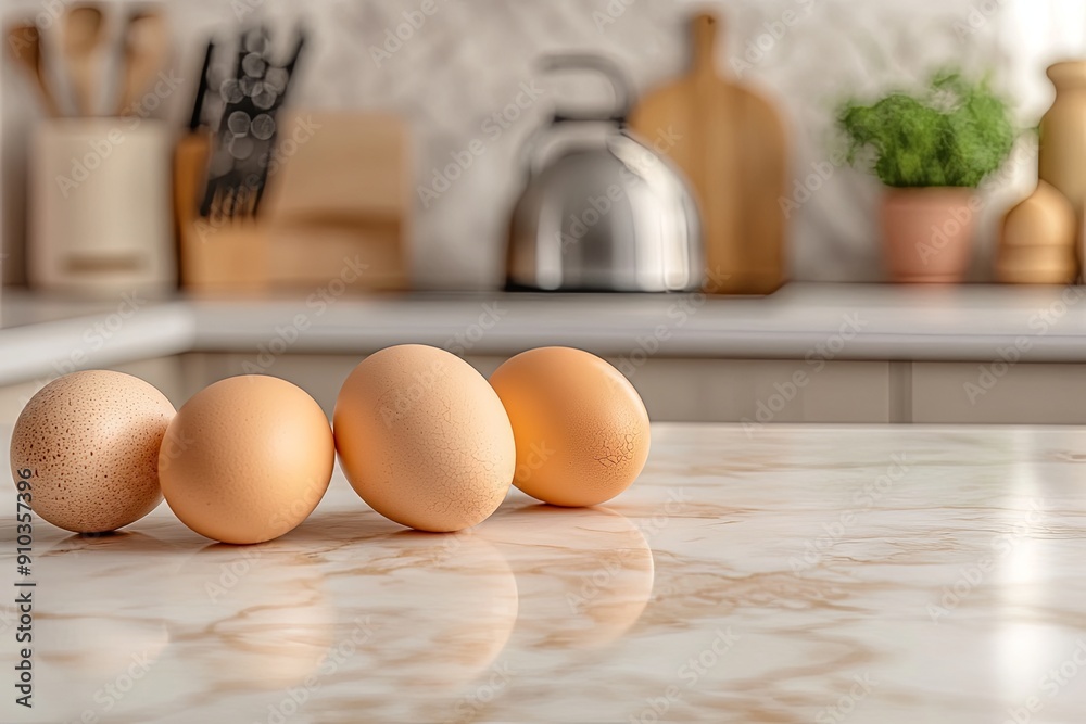 Wall mural Fresh brown eggs arranged neatly on a marble kitchen counter in bright natural light